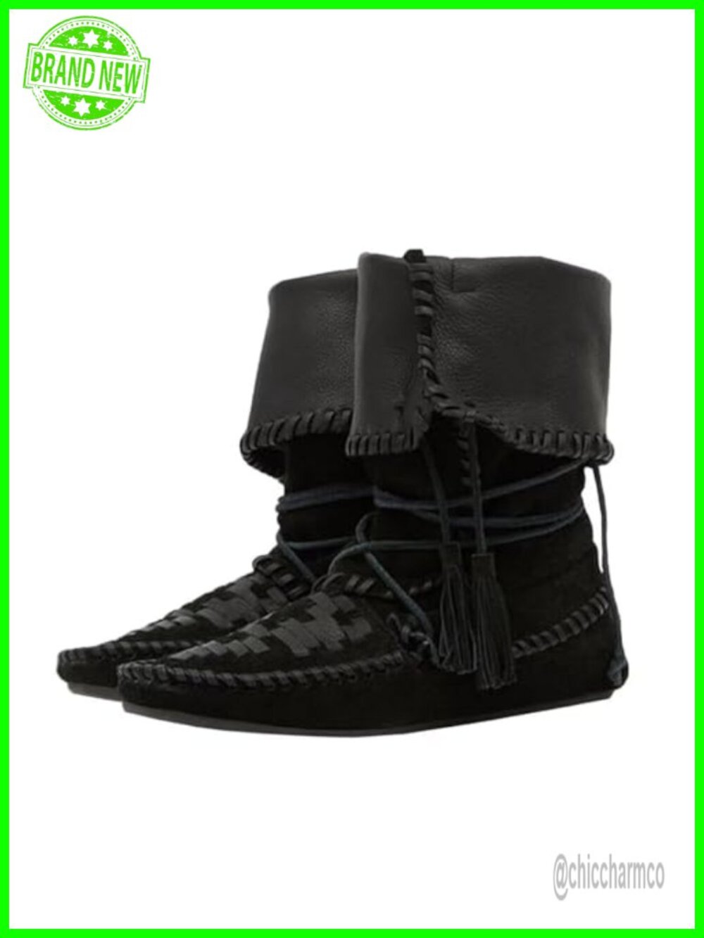Faux Suede Fold Over Mid Calf Boots Woven Fringe Lace Up Flat